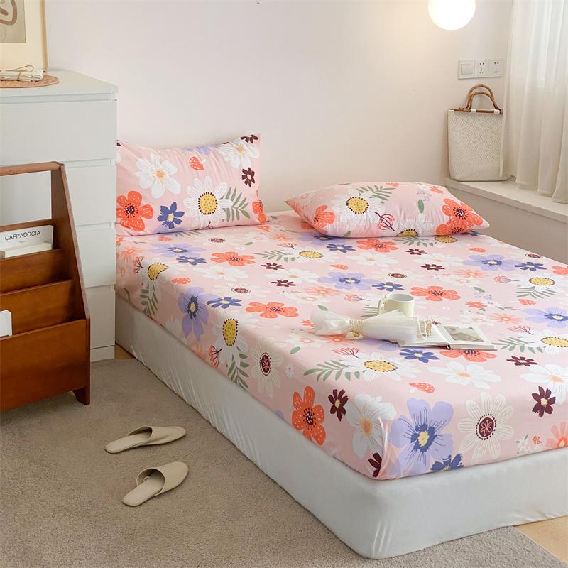 Colorful Floral Fitted Sheet Set 100% Cotton Bedding Set 3Pcs Bed Cover Pillowcases Skin-friendly Breathable Bedroom Decor