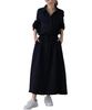 JINJUDUO Long Sleeve Shirt Solid Lapel Long Dress Women's Dress, Casual, Color, (M, Black)