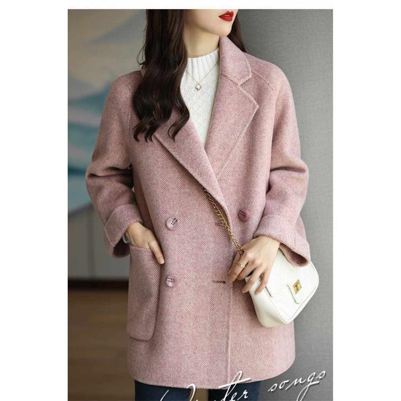 New Spring Autumn Herringbone Loose Fashionable Versatile Woolen Mid-length Jacket for Women L розовый