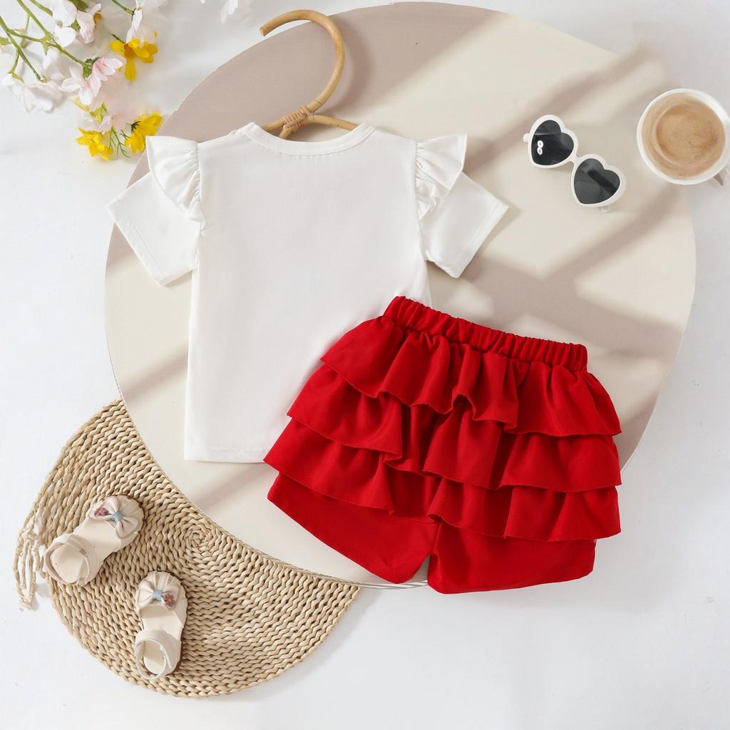 Girls Printed Sleeve T-Shirt + Ruffle Skirt Two-Piece Set