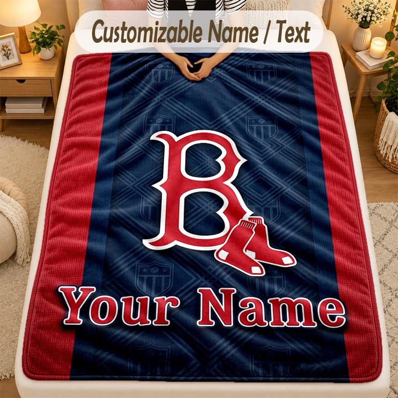 Flannel BlanketBoston Red Sox Custom Name Text Personalized Soft Warm Throw Blanket Home Decor Gift