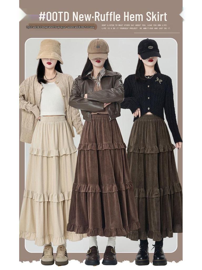 Women's 2026 A-Line Layered Velvet Umbrella Skirt with Elastic Waist - Mid-Length, In Stock