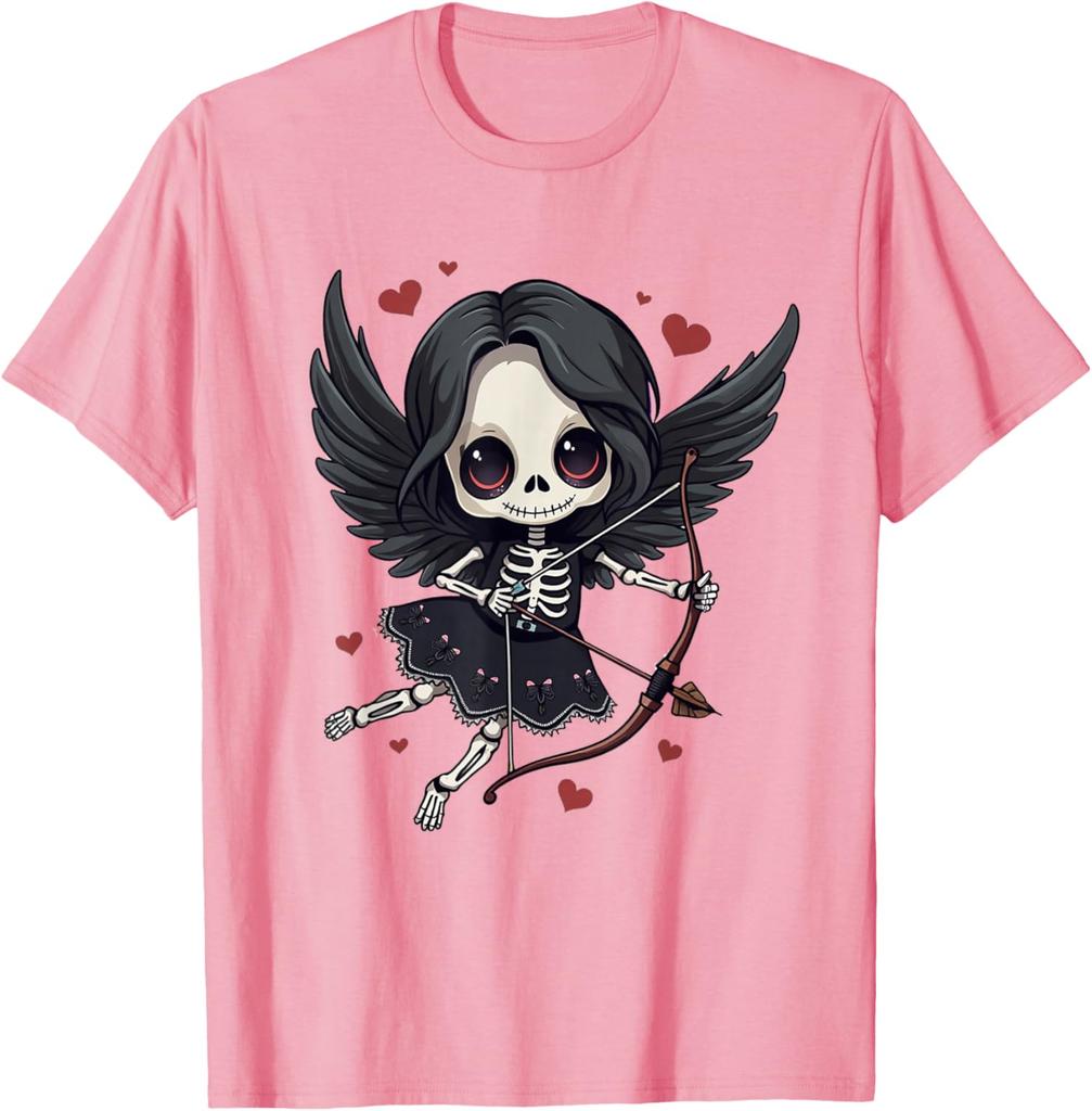 Gothic Skeleton Cupid Dark Valentine Kawaii Angel Graphic Tee Casual Cotton T-Shirt