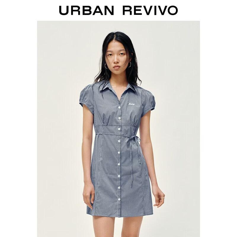 

UR2026 Women s Puff Sleeve Plaid Waist Dress XS