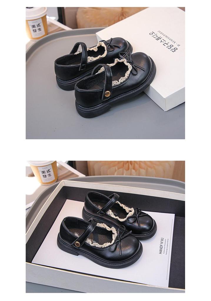 Girls' Classic Black Leather Princess Shoes - Soft Sole Lace Casual Flats for Spring & Autumn