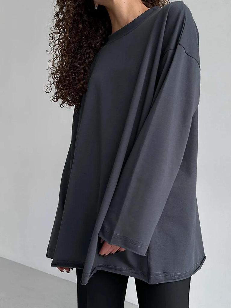 Frühling 2024 Damen reines Baumwoll-T-Shirt mit lockerem Schnitt und langen Ärmeln - GUIYAKECOOL