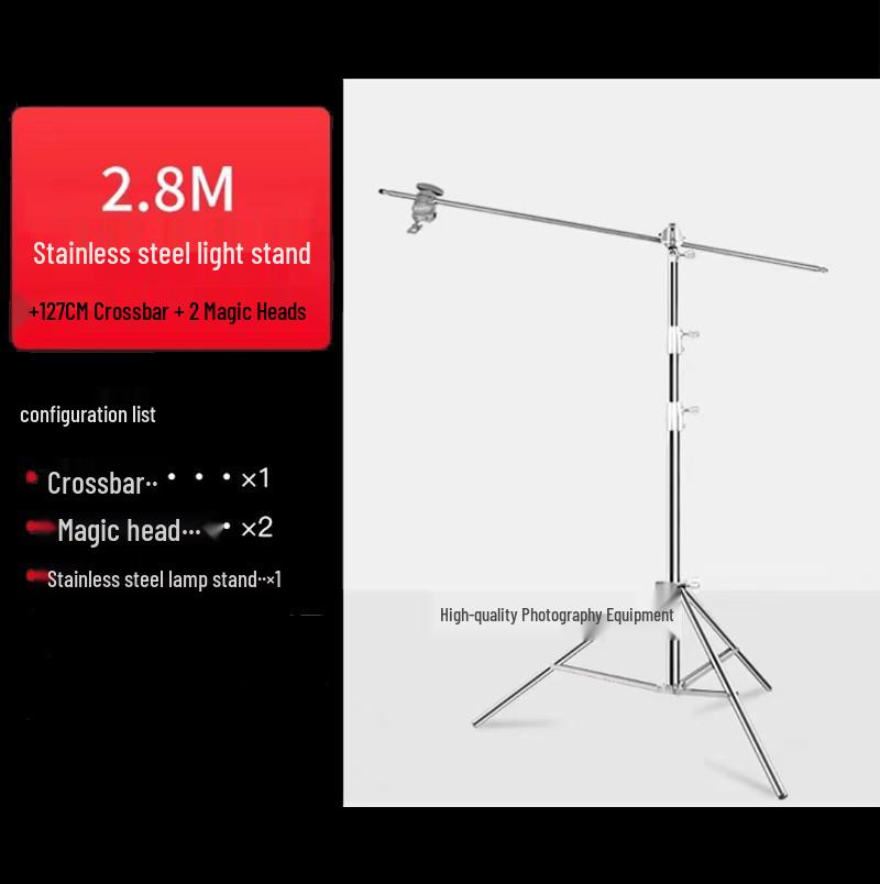 Photography C-Type Light Stand, Stainless Steel, 2.8m & 4m, with Spring Buffer and Three-Way Head Design.