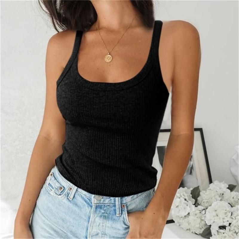 O Neck Summer Knit Top Sleeveless Women Sexy Basic T Shirt White Off Shoulder Ribbed Black Tank Top Casual Vest Camisole Tees