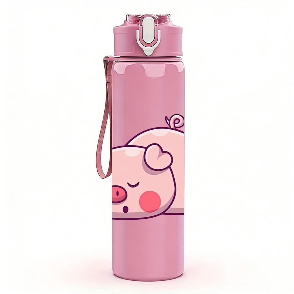 1PC Sleep Pink Pig Simple Cartoon Print 750ml Color Plastic Sports Water Bottle Leakproof Flip Straw Lid Suitable for Sports Office Home Use