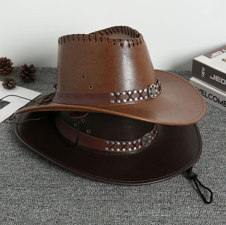 Ethnic Style PU Leather Cowgirl Hat Women Men Wide Brim Western Caps for Carnival Rave Party Travel Panama Jazz Hats