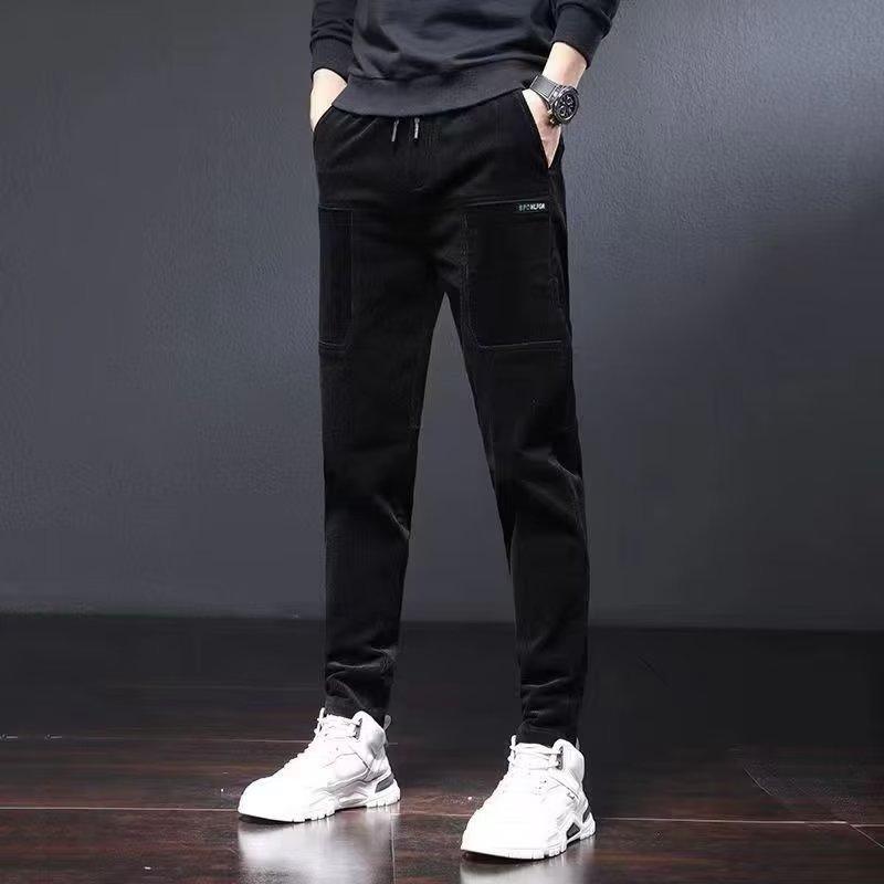 Corduroy Casual Pants For Men Fleece-lined Warm Striped Velvet Multi-pocket Slim Fit Straight Leg Pants