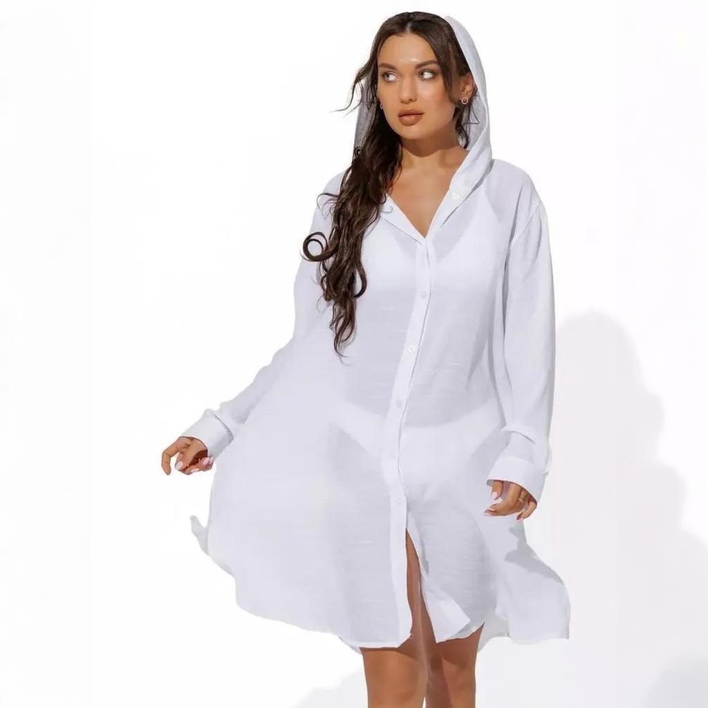 Women's Beach Cover Up Shirt Dress Lightweight Button Down Long Sleeve Casual Vacation Swimwear Cover Up for Bikini Swimwear