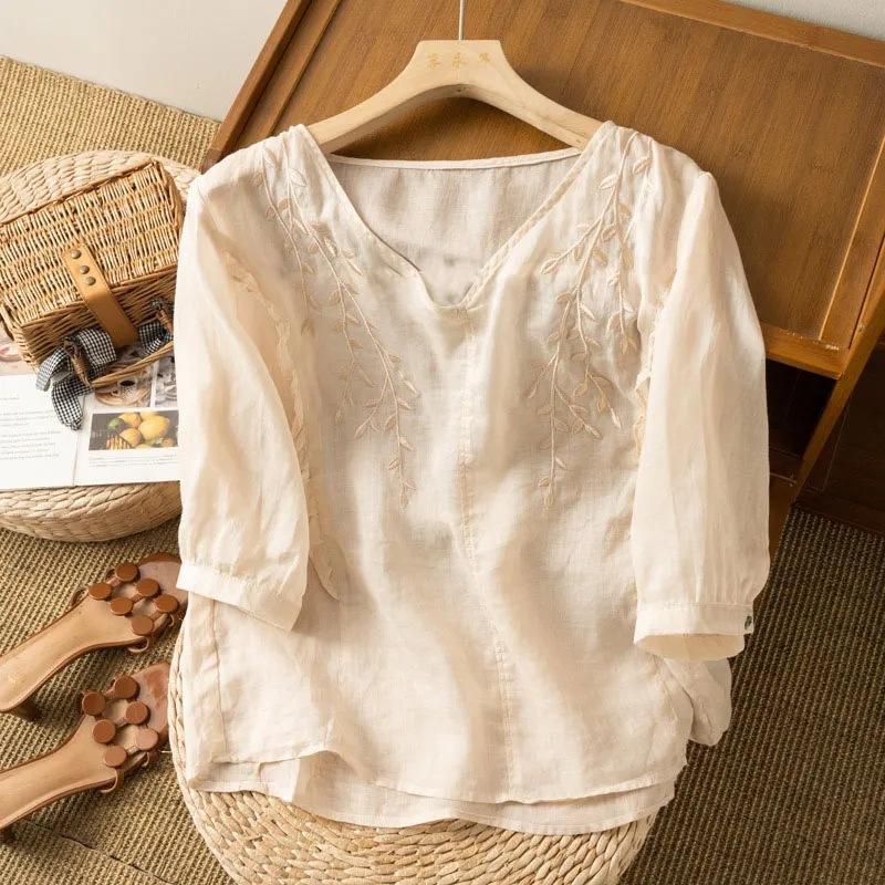 Summer new embroidered cotton and linen top loose temperament literary retro seven-quarter sleeve casual versatile