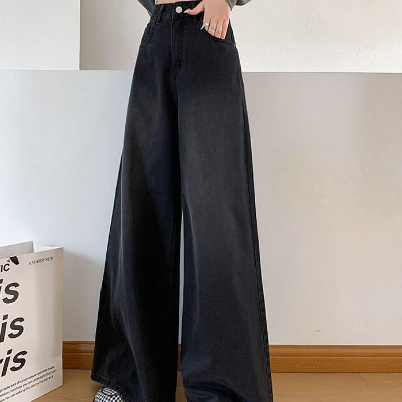 Damen Herbst Schwarz Grau Weitbeinjeans High Waist Locker Lässig Vielseitig Gewaschen Gerades Bein Bodenlang Trendige Hose