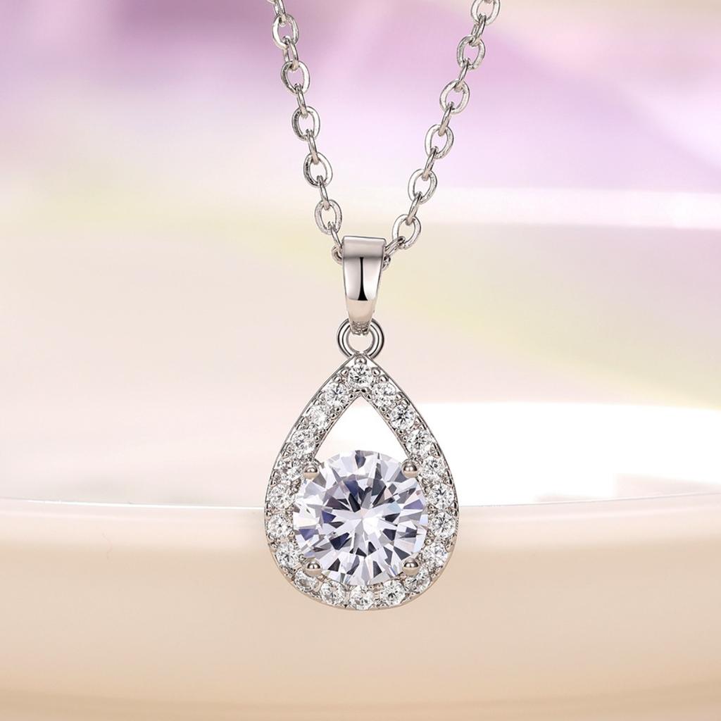 Teardrop Halo Pendant Necklace Brilliant Round Center Stone Elegant Sparkling Jewelry for Women