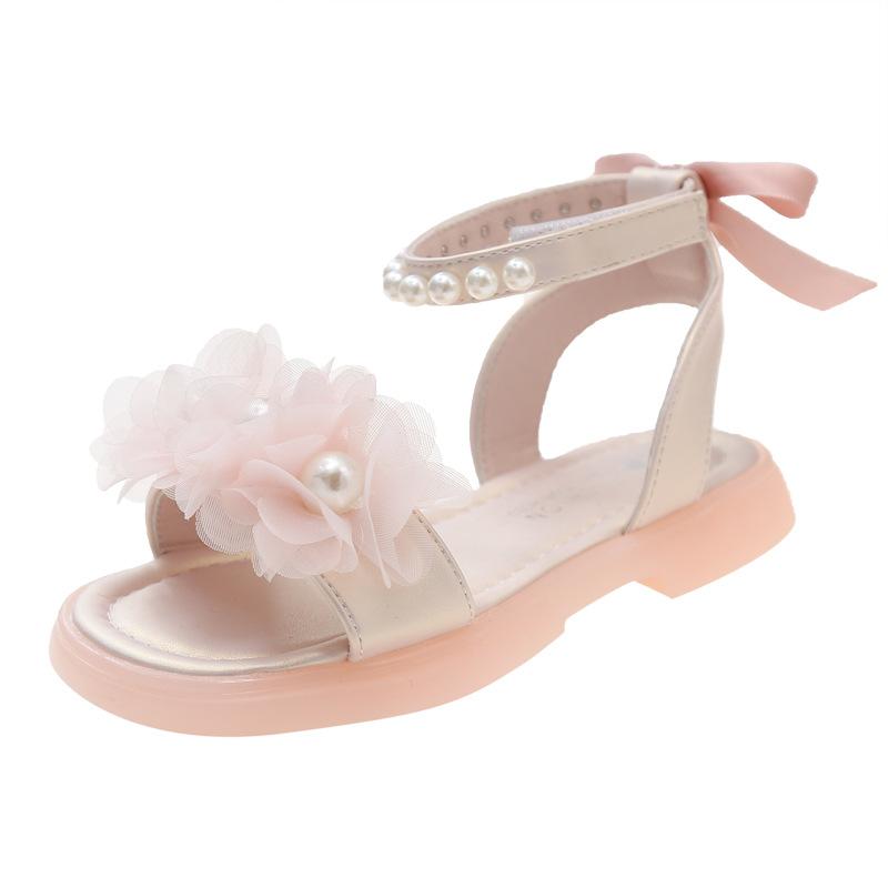 Sweet Girls Princess Sandals Summer Chic Flower Children Causal Open-toe Sandals Fashion Pearl Ankle Strap Kids Flat Sandals New