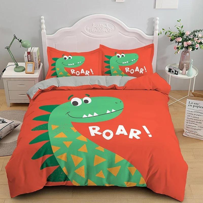 BCartoon Dinosaur Duvet Cover King Queen Size Jurassic World Theme Bedding Set for Kids Boys Ancient Animal Polyester Quilt Cove