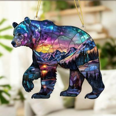 Bear Stained Glass Hanging, Sun Catcher, Acrylic Garland Sign- Light - Catching Window Decor, Novelty Home Decor