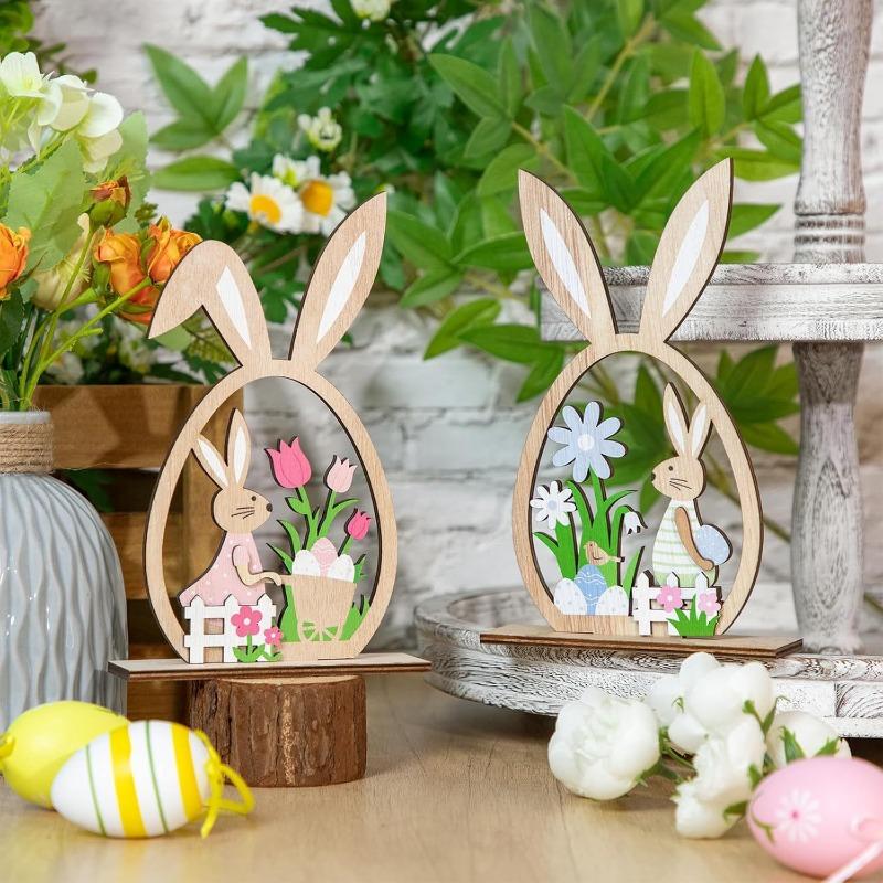 2pcs/set Easter Bunny Decor Wooden Ornament Home Party Decoration Wooden Craft Easter Themed Desktop Decorative Figurine