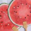 Watermelon Print Round Fan with Wooden Long Handle Portable Lightweight Outdoor Travel Camping Picnic Summer Handheld Paper Fan