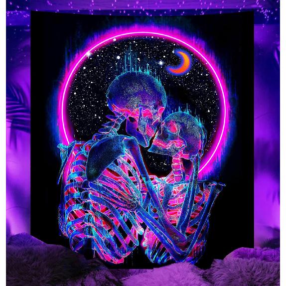 TUGCAY Blacklight Skull Tapestry Glow in the Dark Tapestry Kissing Lovers Tapestries Skeleton Neon Trippy Moon Stars Vertical Posters Wall Hanging 40 L x 30 W