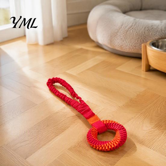 Tear Resistant Dog Toys Bungee Tug Toy, Woven Ring with Long Handle, Interactive Chew Teeth Soft Polyester Rope Cleaning Toy for Medium Large
