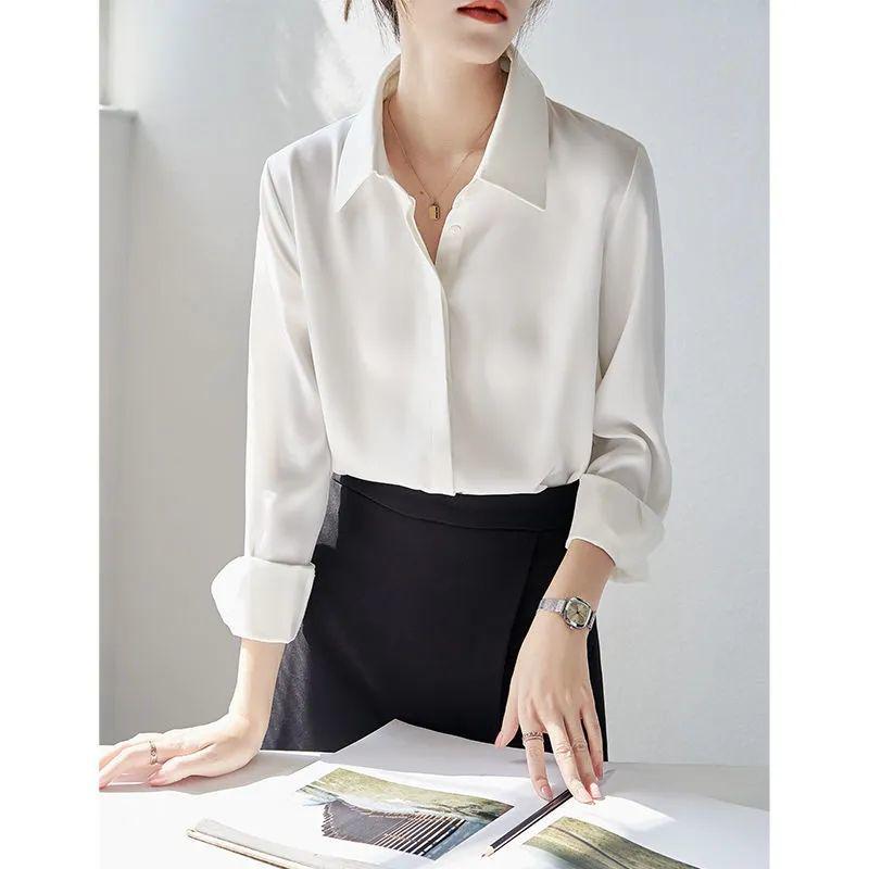 

2025 Spring/Autumn Women s High-End White Shirt with Hidden Buttons, Perfect for Professional Commuting M