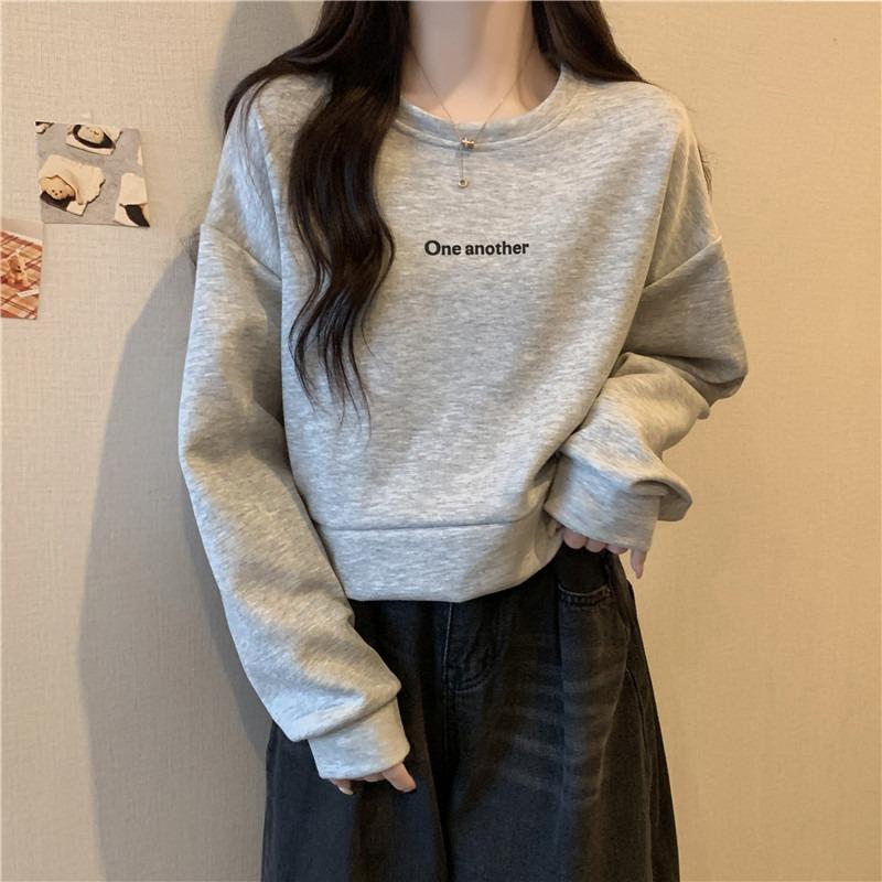 Real shot without hat short sweater women's loose and versatile autumn and winter thin pullover printed alphabet top