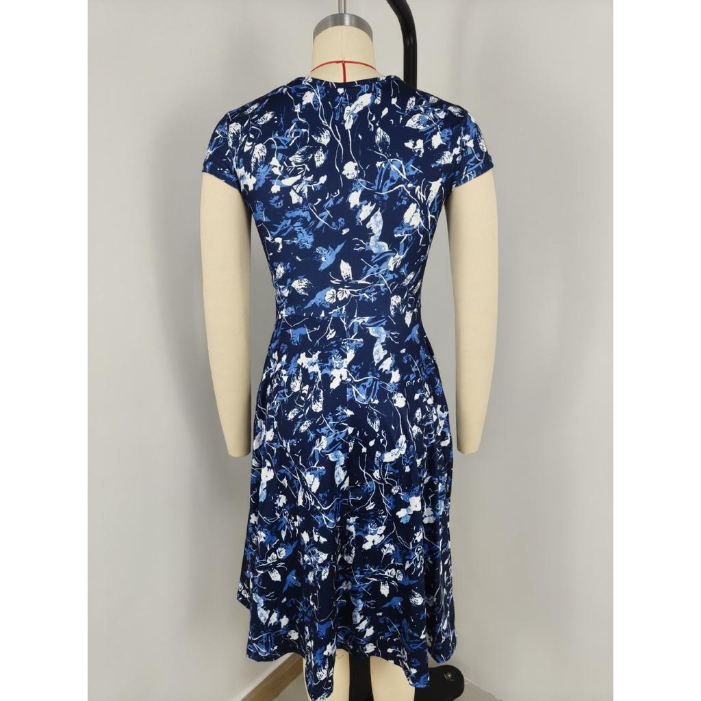 Summer V-neck Pocket Short Sleeve Printed Long Elegant Dress for Women European American Style