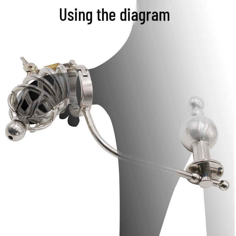 Stainless Steel Chastity Lock with Movable Butt Plug for Slave Training and Male Use