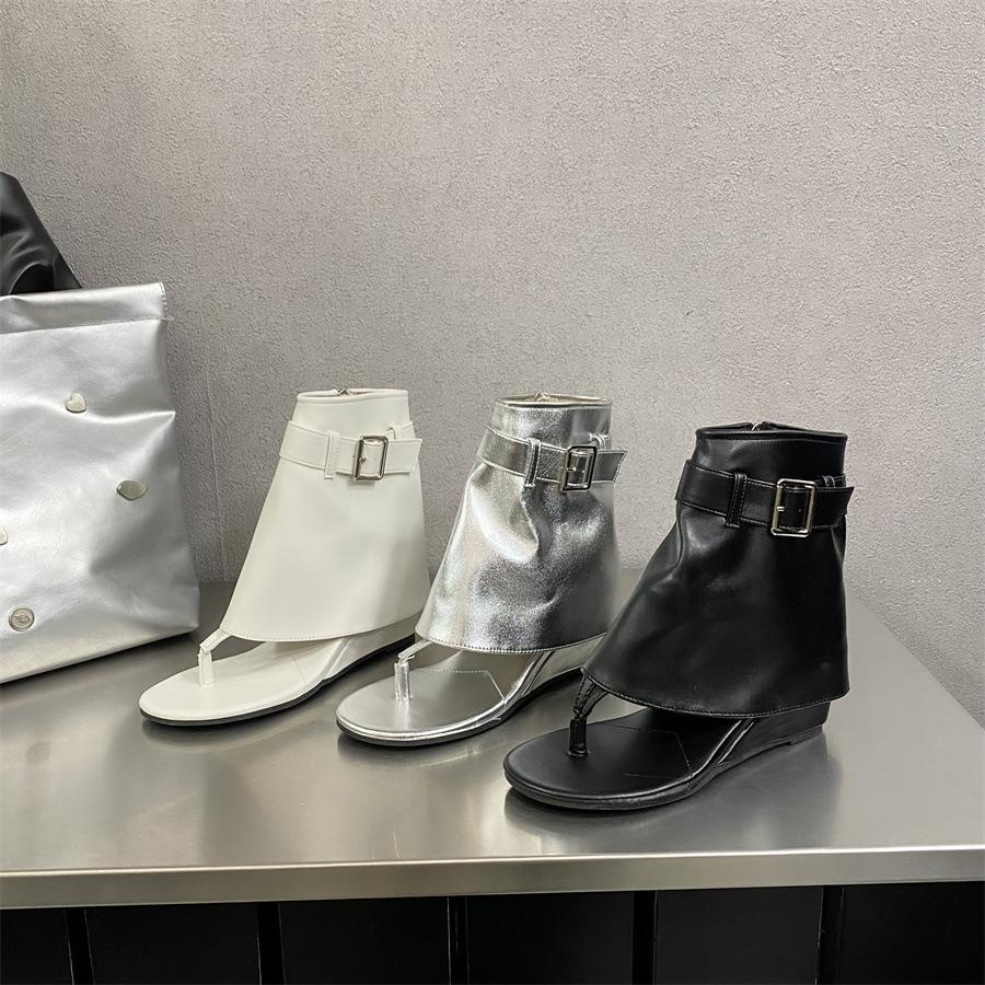 2025 new round head side zipper personalized toe wedge heel belt buckle high heel cool boots herringbone Roman sandals women's shoes