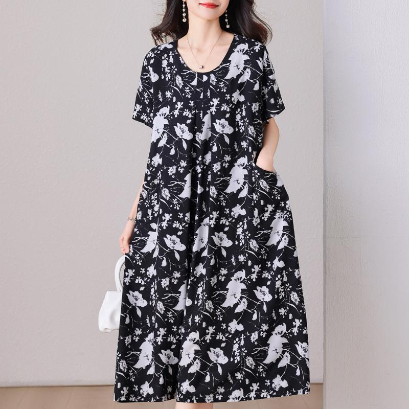 Übergröße, langes Sommerkleid mit Vintage-Druck für Damen, elegantes, kurzärmeliges, lockeres Sommerkleid in Übergröße