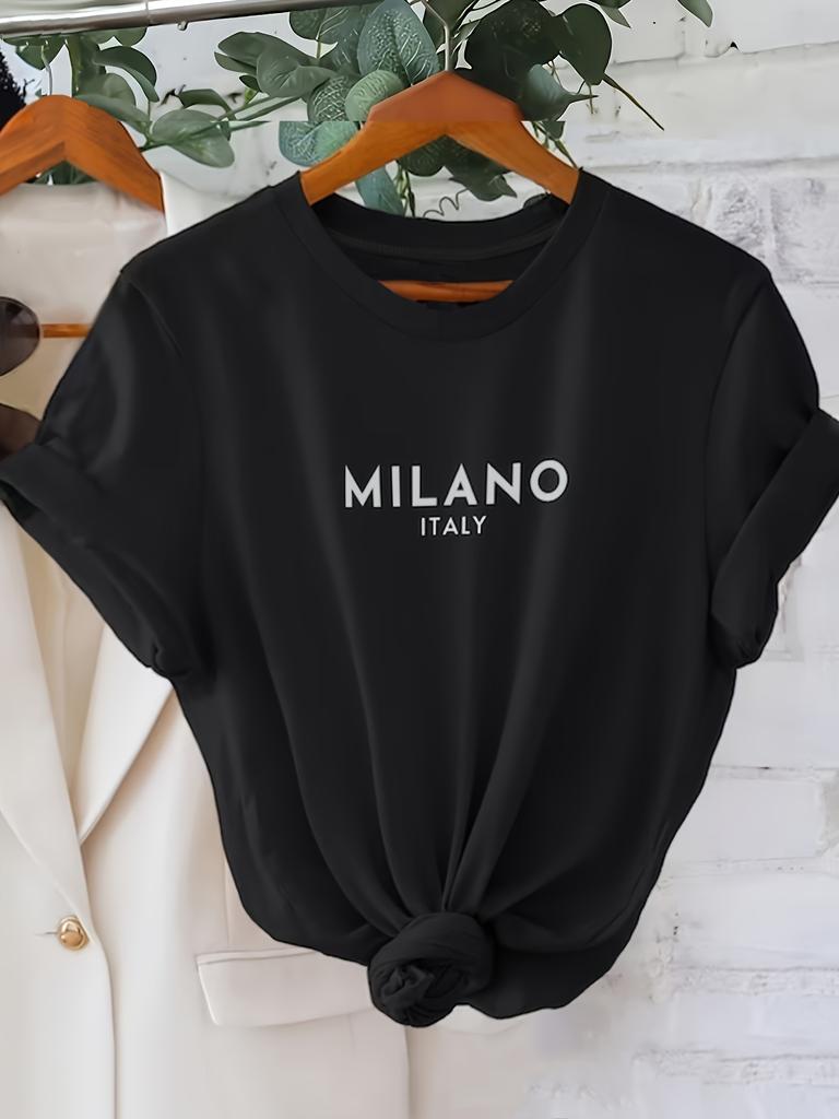 Milano Letter Print T-shirt Casual Crew Neck Short Sleeve Top For Spring & Summer Women's Clothing Casual Short Sleeve T-Shirt