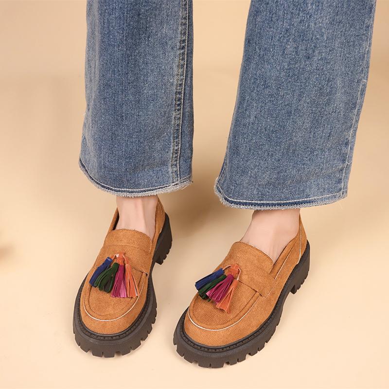 Fashion Women Platform Loafers 2024 Trend Ladies Shoes Tassels Designer Mid Heels Chunky Office Shoes Black Suede Leather