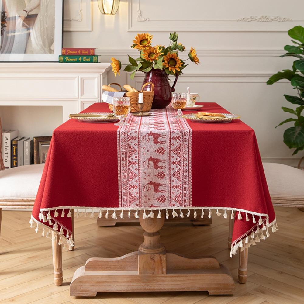 Retro Red Jacquard Tablecloth with Fringe Ideal for Wedding Christmas New Year Festive Dining Table Cover