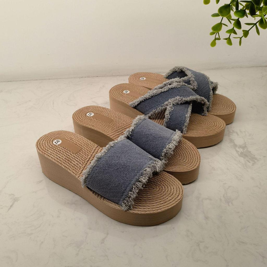 Women's Comfortable Denim Wedge Heel Sandals - Summer 2022 Fashion, One-Strap, Thick Sole Beach Slippers