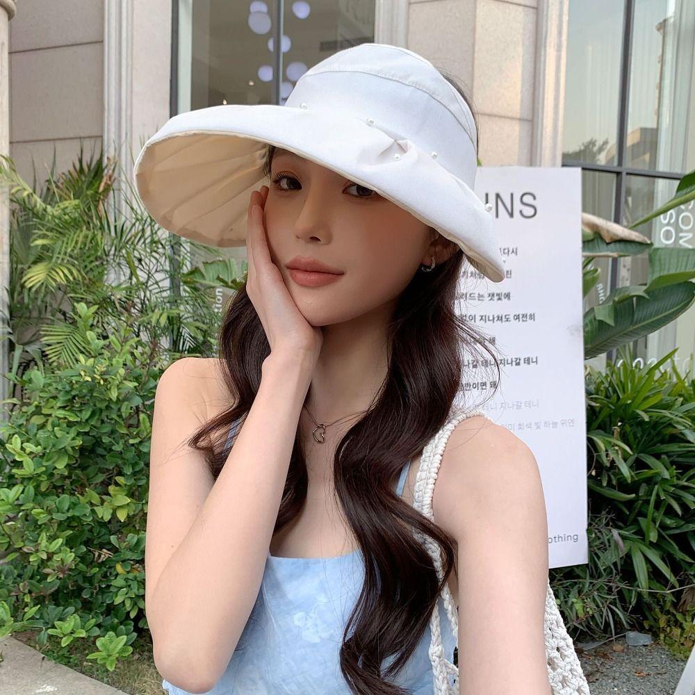 Windproof Women Pearl Bucket Hat Anti-UV Beach Cap Big Brim Sun Hat Summer Spring Autumn