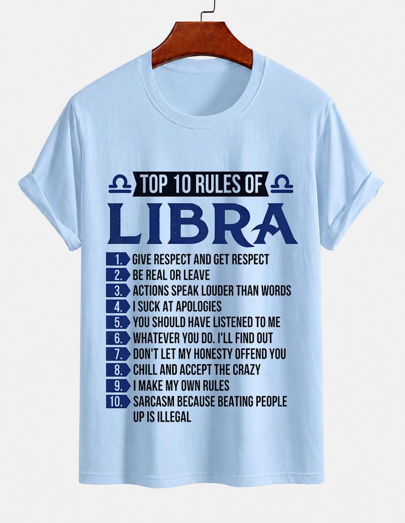 2026 New Pure Cotton Tshirt Libra Top Ten Rules Astrology Print Crew Neck Short Sleeve Casual Top
