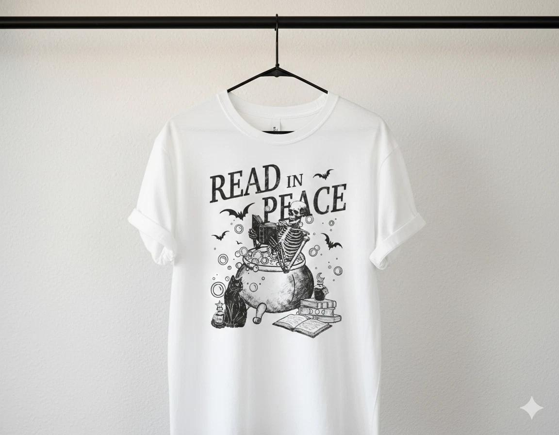 Unisex Adult Casual Graphic Read In Peace Skeleton Book Lover T-Shi... S