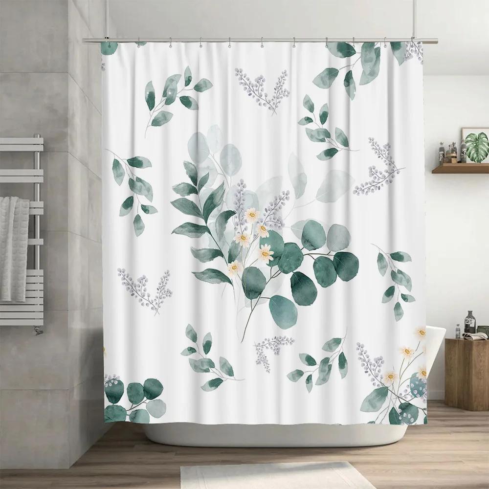 Green Leaf Pattern Shower Curtain Waterproof Bath Decor Home Decoration Customizable Size Available White Flower Design Shabby C