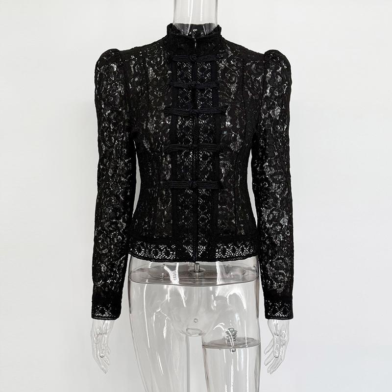 Elegant Lace Shirts Tops Female Hollow Out Commute Vintage See-Through Blouses Single Breasted Shrug Shirts New