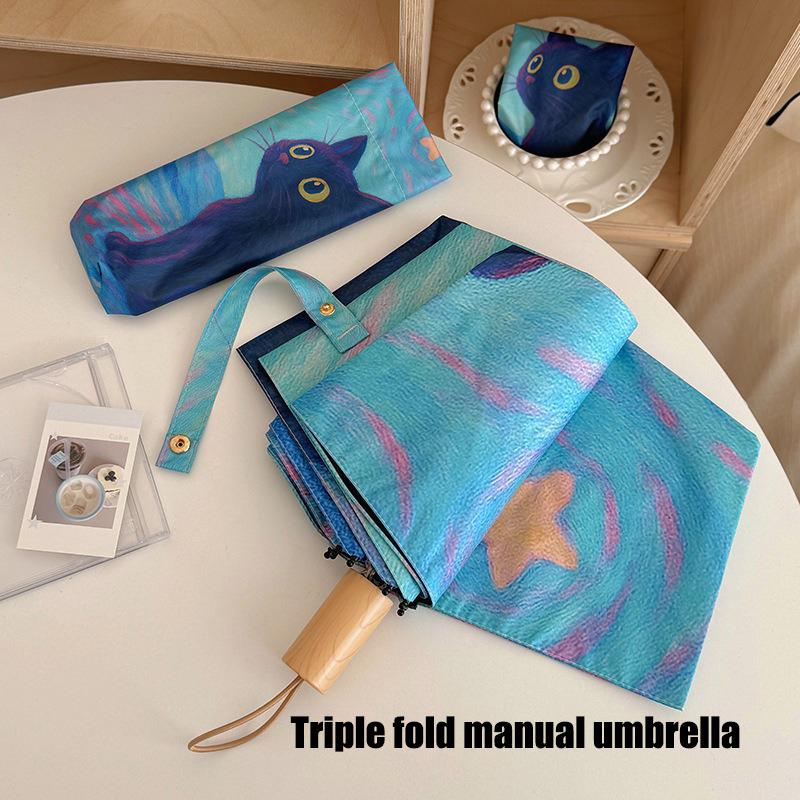 Yellow Blue Oil Painting Cat Folding Umbrella Rain Sun Dual-use Automatic Sun Umbrella Sun Protection And UV Protection Portable