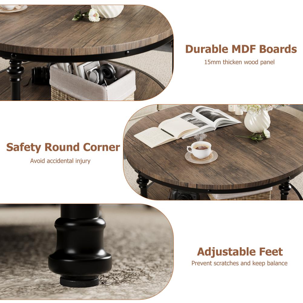 2-Tier Round Coffee Table Rustic Center Table with Storage Shelf for Living Room with Sturdy Metal Legs Wood Circle Coffee Table