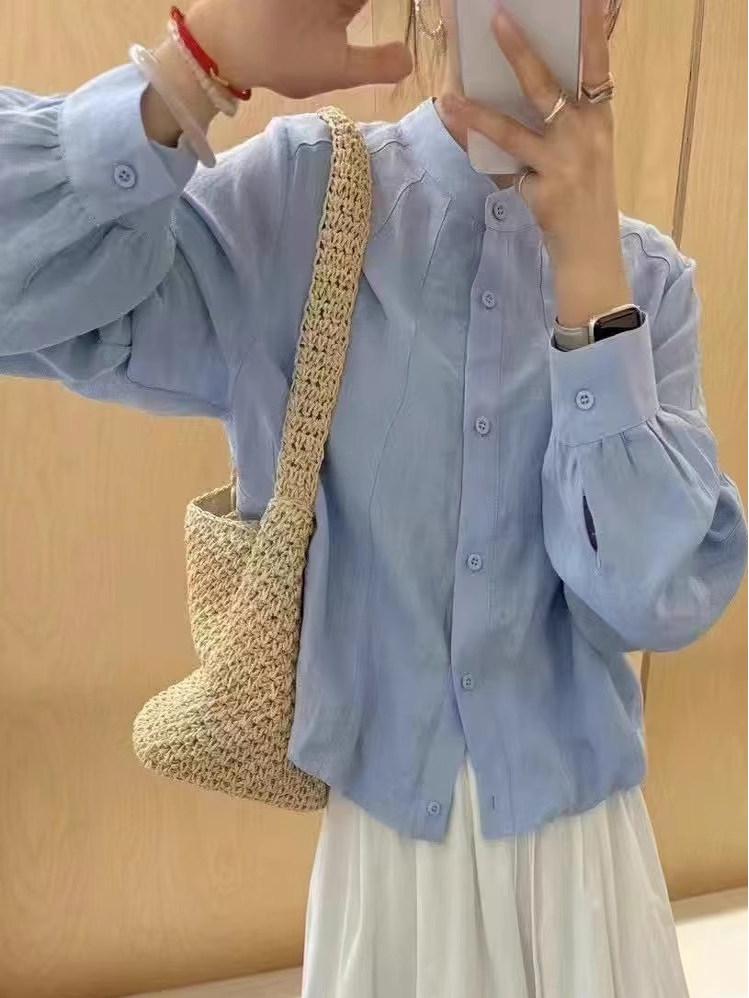 

Женская рубашка с длинным рукавом и сборками - Приталенная, Универсальная, Для миниатюрных, Тренд Весна 2025 M светло-синий