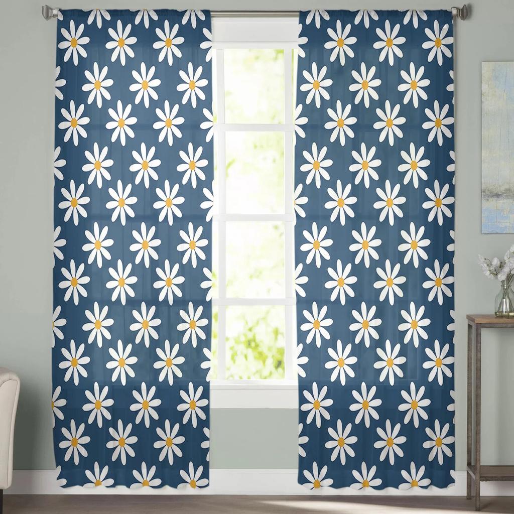 Blue Background Daisy Tulle Curtains Living Room Kitchen Chiffon Curtain Bedroom Balcony Sheer Curtain Fashion Home Decor