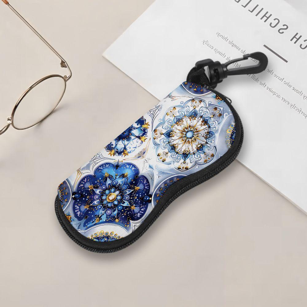2D-Blue Mandala Floral Pattern Glasses Case, Protective Sunglasses Case, Portable Eyewear Holder Box, Stylish Travel Accessory for Women Men