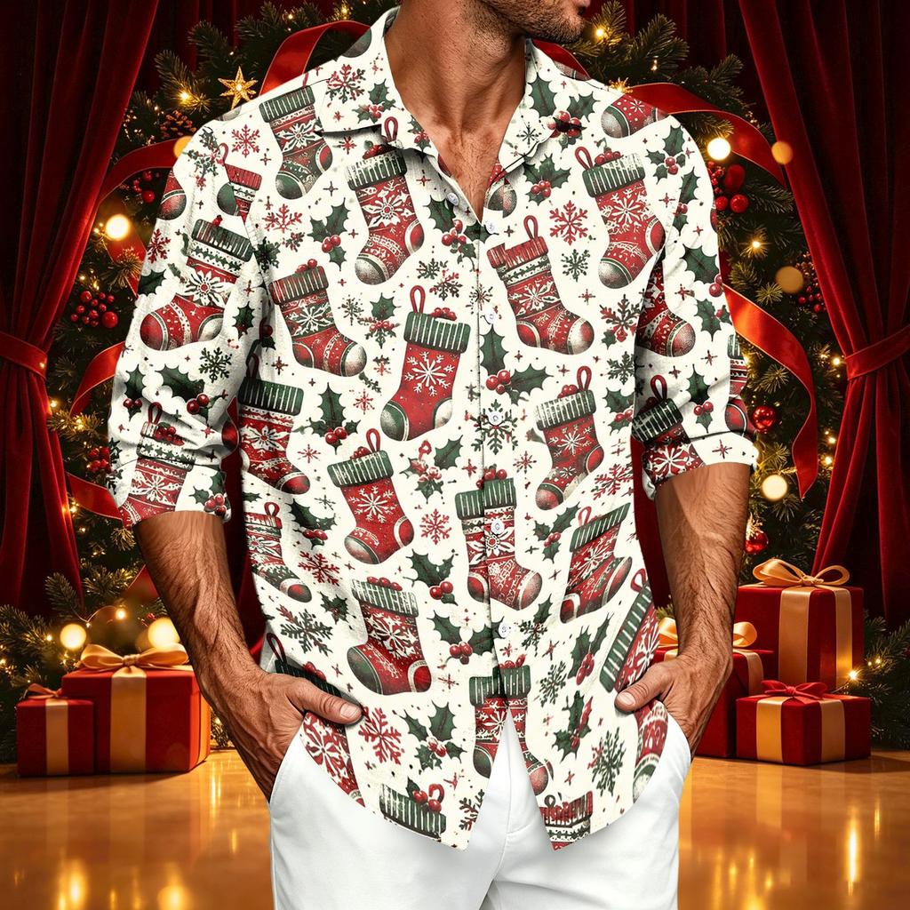 Men's Casual Long Sleeve Shirt with Christmas Print for Spring and Fall