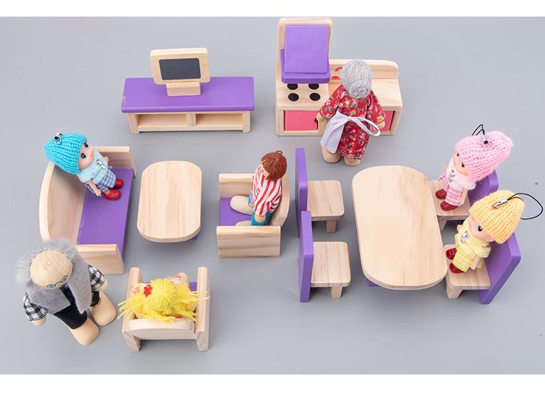 Wooden Doll Furniture Set: Mini Sofa, Cabinet, and Wardrobe for Child's Pretend Play