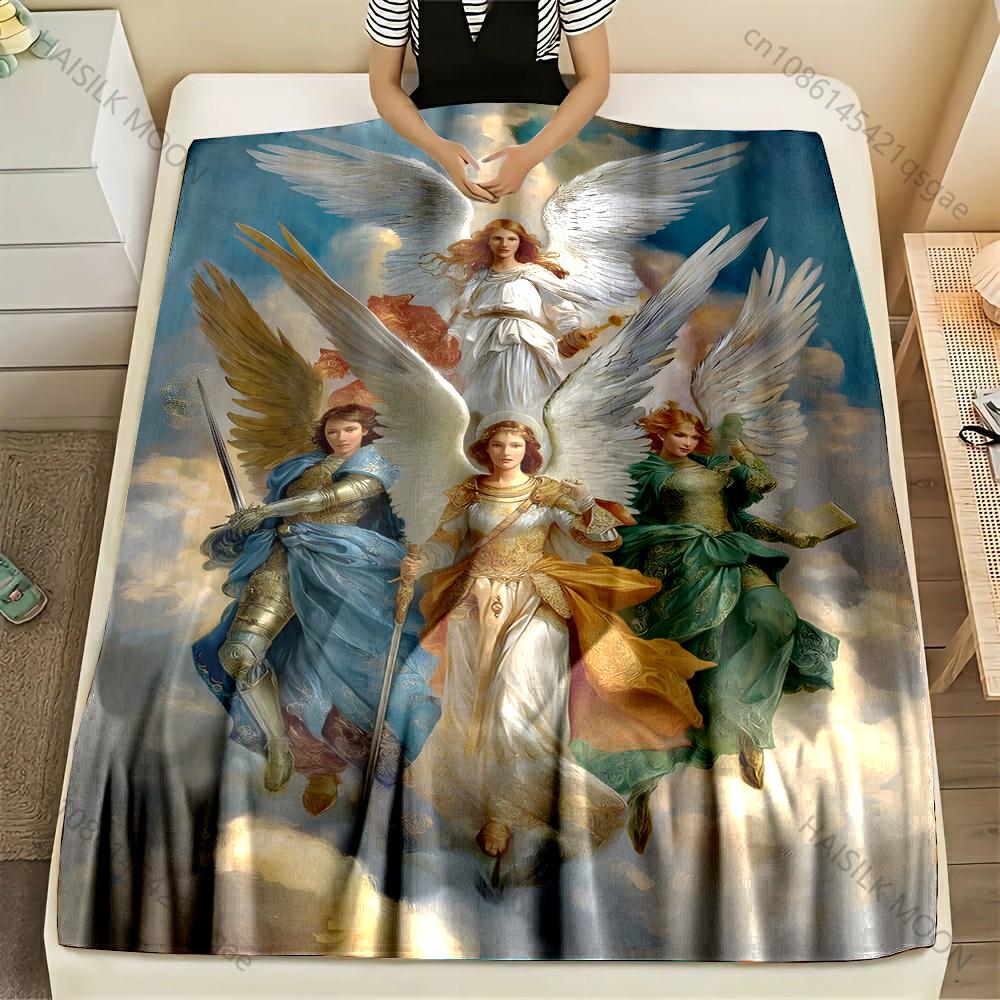 1PC Angels Warriors Standing On Clouds Print Blanket Warm Soft Fluffy Kids and Adult Sofa Bed Throw Blanket Travel Camping RV