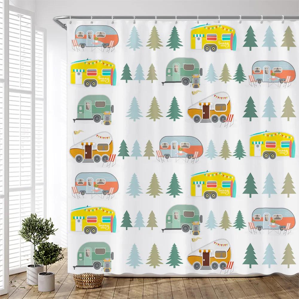Forest Camping Poster Shower Curtain Camper Car Woods Bathroom Bath Decors Outdoor Landscape Backdrop Cloth 3D Room Curtains Set